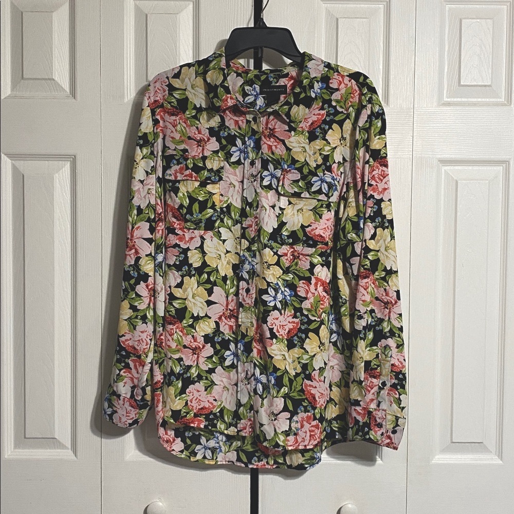 Investments button down floral blouse top shirt size XL